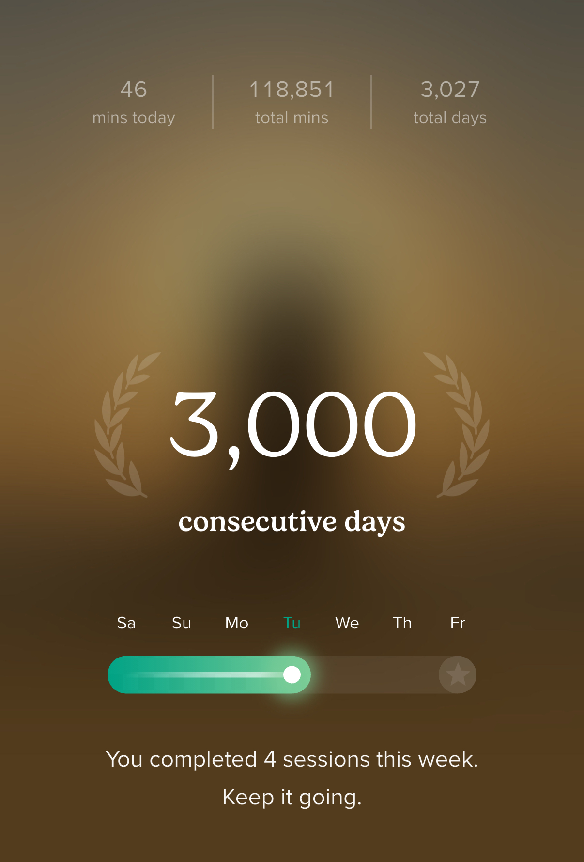 3000 consecutive days and 118,851 total mins of meditation